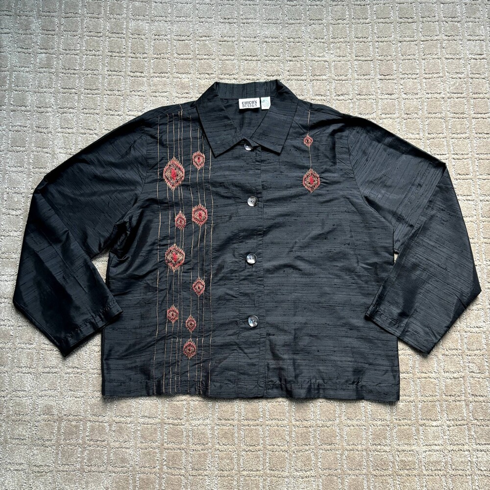 Chicos Silk Embroidered Blouse Women's 2 / L Black Long Sleeve Southwestern Boho